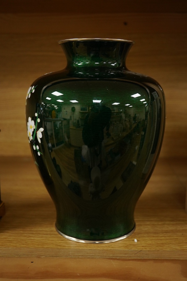 A mid 20th century Japanese green ginbari ground silver wire cloisonné enamel vase, 25cm. Condition - good